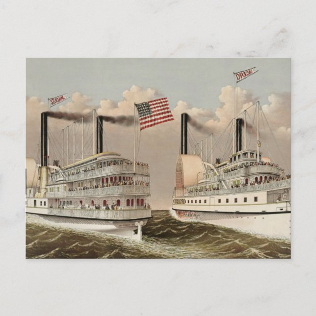 Postal Pintura vintage Mississippi Río Steam Boats (Anverso)