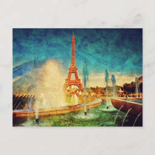 Postal Pintura vista de París con Tour Effel y fuente
