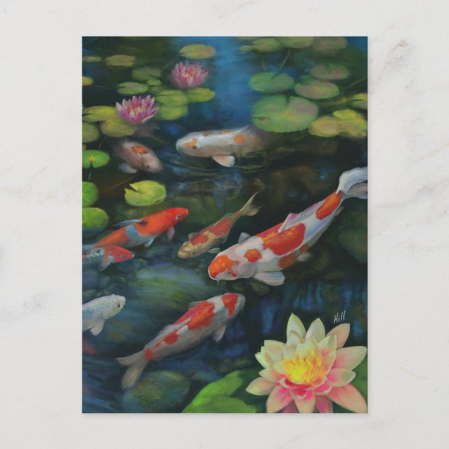 Postal Pintura Zen de Estanque de Flor de Loto con Carpas (Anverso)