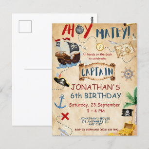 Postal Pirata adorable cumpleaños pergamino acuarela