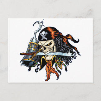 Postal Pirata de cráneo con espada y gancho de Al Rio