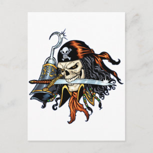Postal Pirata de cráneo con espada y gancho de Al Rio
