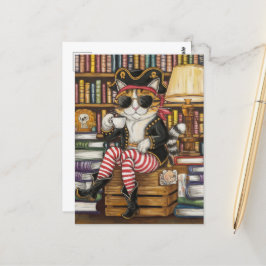 Postal Pirata de Kitty Dulce con café en una librería