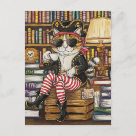 Postal Pirata de Kitty Dulce con café en una librería