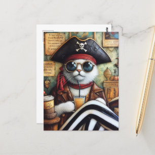Postal Pirata de Kitty dulce con café en una tienda de an