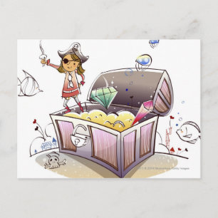 Postal Pirata de pie sobre un cofre del tesoro