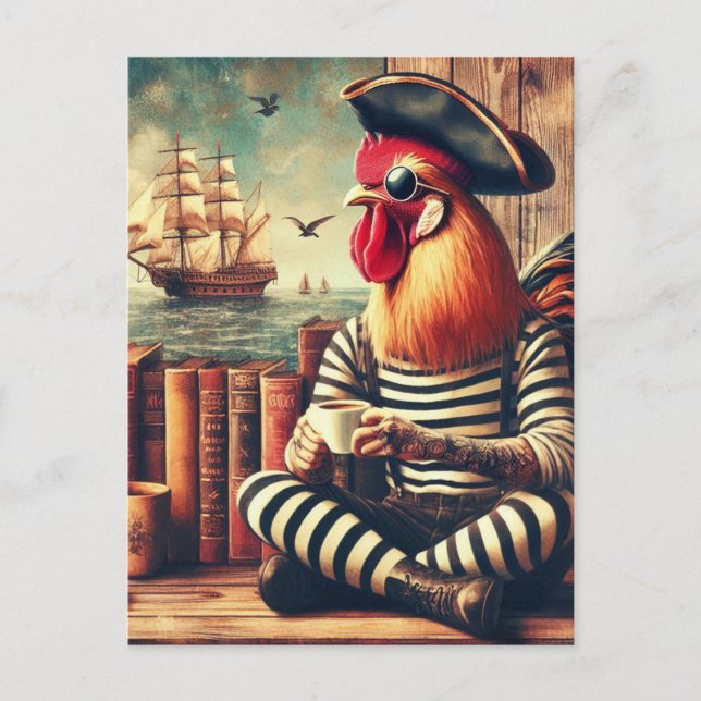 Postal Pirata gallo con café (Anverso)