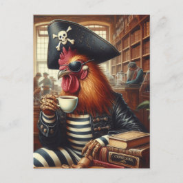 Postal Pirata gallo con café en una librería