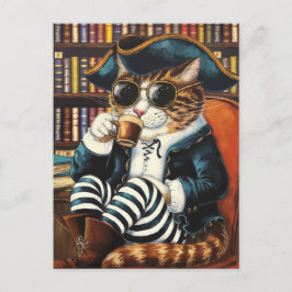 Postal Pirata Kitty con café en una librería