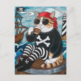 Postal Pirata Kitty en suéter negro difuso con un café