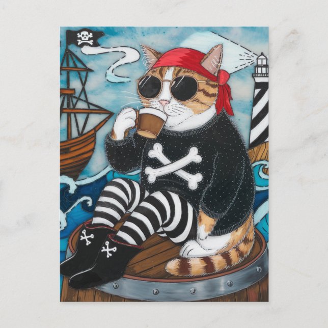 Postal Pirata Kitty en suéter negro difuso con un café (Anverso)