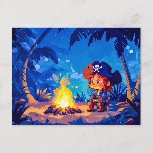 Postal Pirata sentado junto a una fogata bajo las palmas