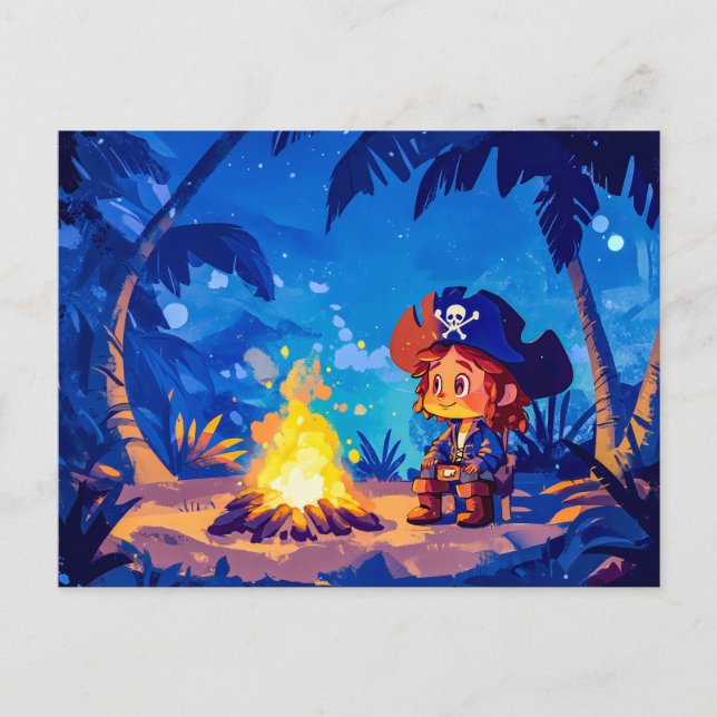 Postal Pirata sentado junto a una fogata bajo las palmas (Anverso)