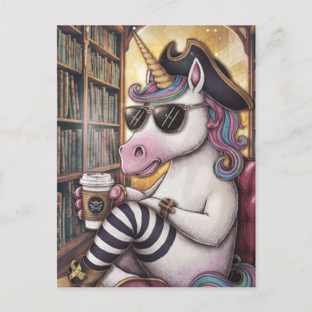 Postal Pirata Unicornio con café (Anverso)