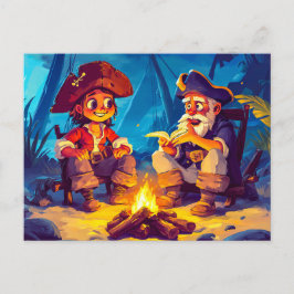 Postal Pirata y viejo marinero compartiendo cuentos alred