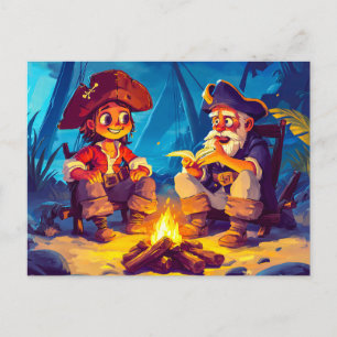 Postal Pirata y viejo marinero compartiendo cuentos alred