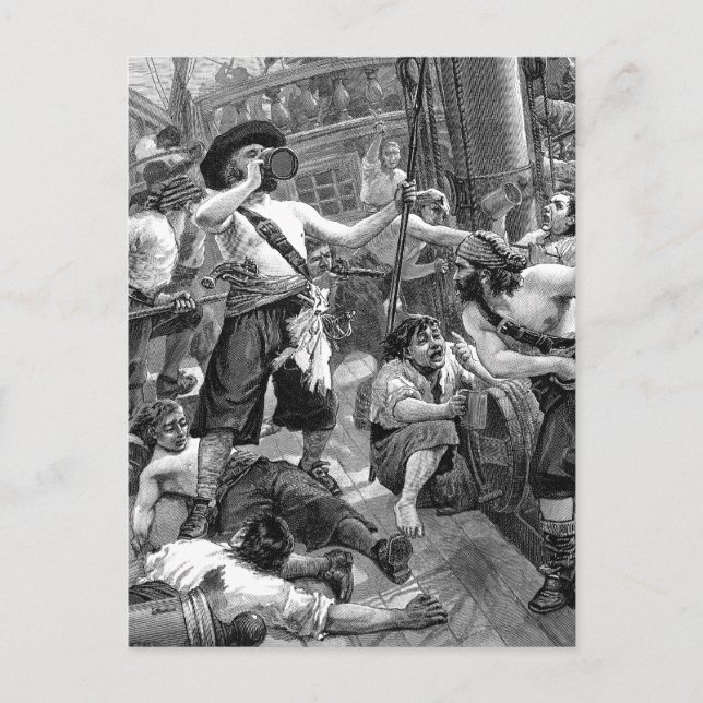 Postal Piratas de la época peleando y bebiendo en el barc (Anverso)