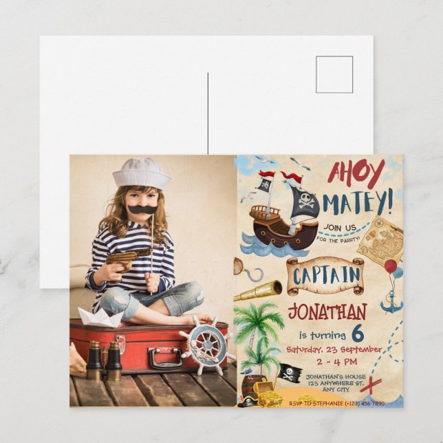Postal Pirate Birthday Ahoy Fiesta Pirate Boy (Anverso / Reverso)