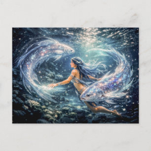 Postal Piscis Zodíaco con Mujer Rodeada por Dos Luminosos