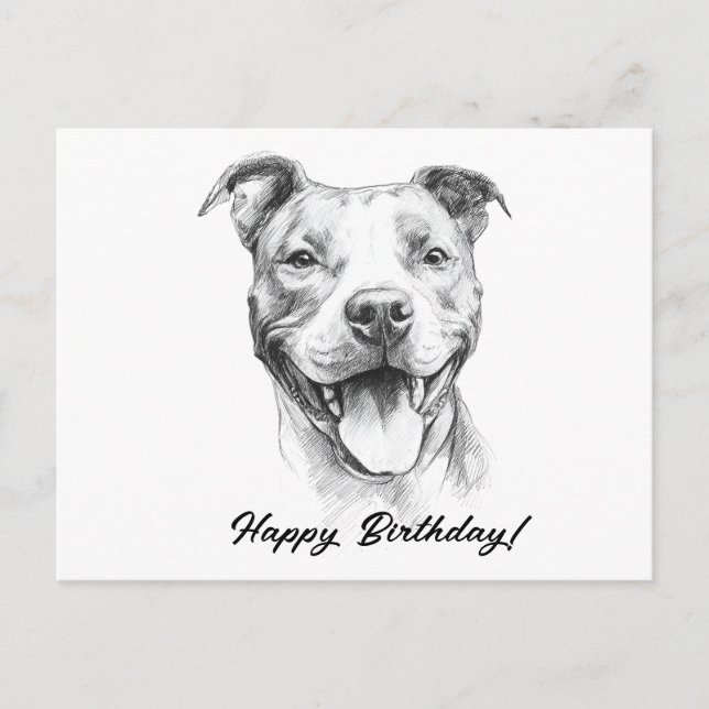 Postal Pitbull Hand Draw Black and White Birday Card (Anverso)