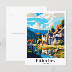 Postal Pitlochry Ilustracion de viajes de arte de Escocia