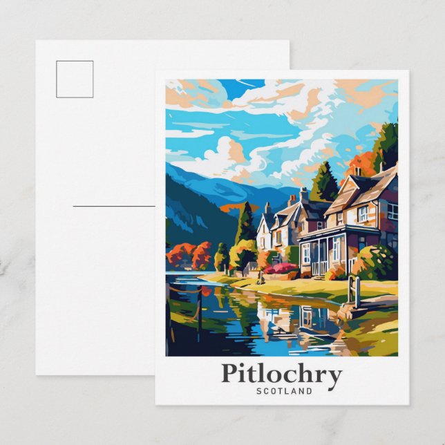 Postal Pitlochry Ilustracion de viajes de arte de Escocia (Anverso / Reverso)