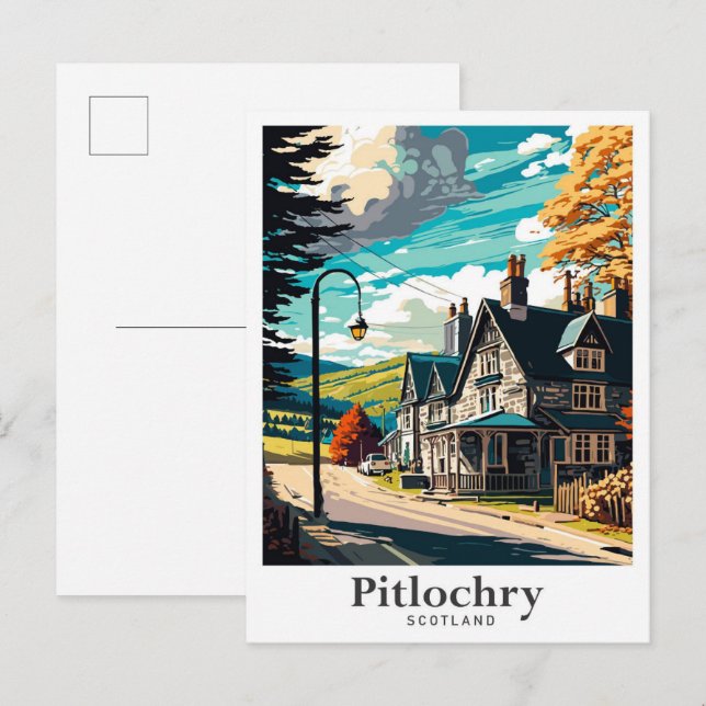 Postal Pitlochry Ilustracion de viajes de arte de Escocia (Anverso / Reverso)