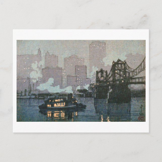 Postal Pittsburgh de noche, Hiroshi Yoshida, Woodcut (Anverso)