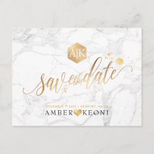 Postal PixDezines Faux Gold/Monogram/Marble/Save our Date