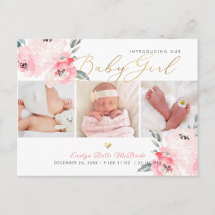 Postal PixDezines H2 Rubor Peonies, anuncio de nacimiento