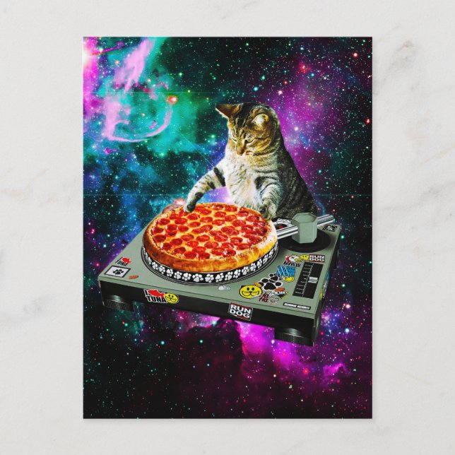 Postal Pizza de gato dj espacial (Anverso)