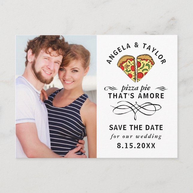 Postal Pizza moderna Amo Black Script Photo Save the Date (Anverso)