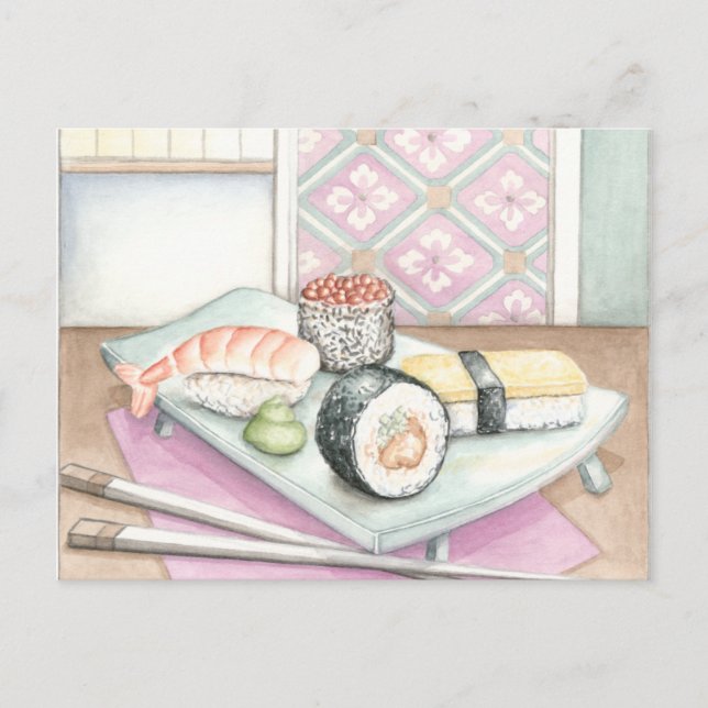 Postal Placa de sushi surtido con palillos (Anverso)