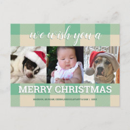 Postal Plaid Green Cream 3 Navidades de Collage de fotos