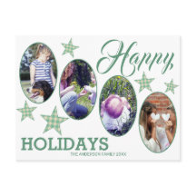 Plaid Green Cream Stars 4 Photo Happy Holidays