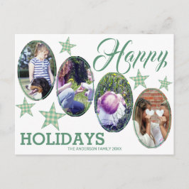 Postal Plaid Green Cream Stars 4 Photo Happy Holidays