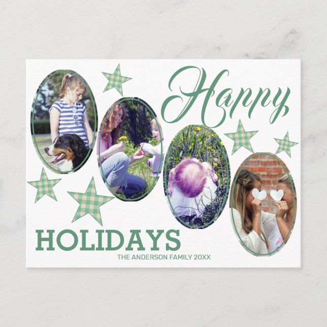 Postal Plaid Green Cream Stars 4 Photo Happy Holidays (Anverso)