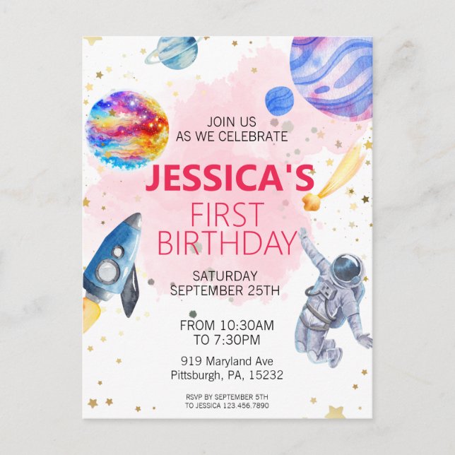 Postal Planeta de naves de cohetes espaciales astronautas (Anverso)