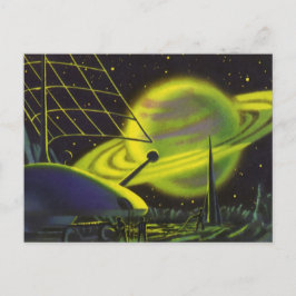 Postal Planeta verde neón con anillos de ciencia ficción 