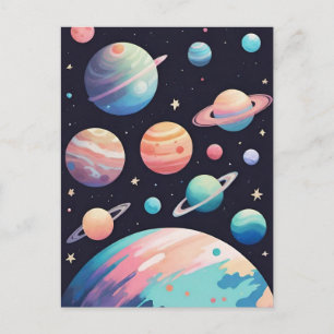 Postal Planetas de color pastel en el espacio oscuro