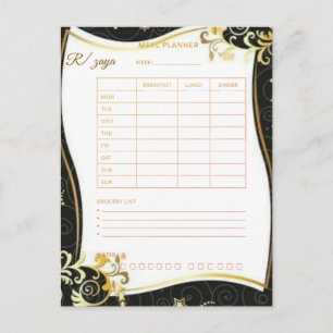 Postal Planificador de comidas floral negro dorado Acuare