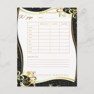 Postal Planificador de comidas floral negro dorado Acuare