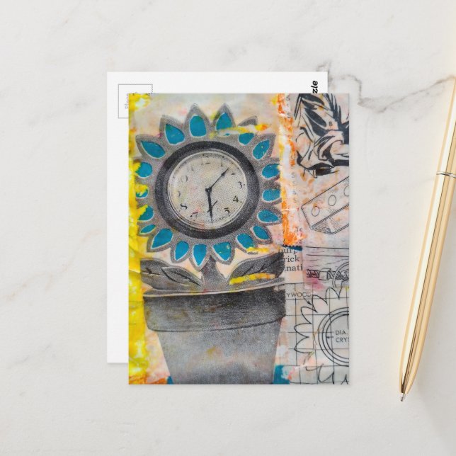 Postal Planos de reloj de flor collage de medios mixtos (Anverso/Reverso In Situ)