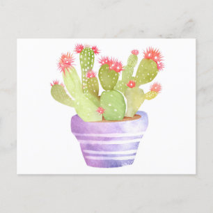 Postal Planta de cactus de acuarela floreciente en maceta