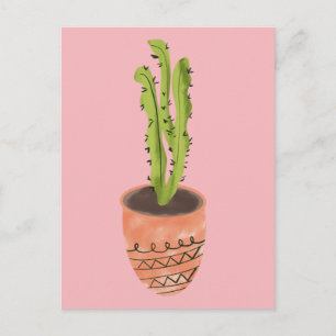 Postal Planta de Cactus Terracota Dibujada a Mano Rosa