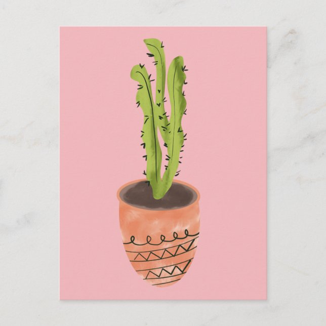 Postal Planta de Cactus Terracota Dibujada a Mano Rosa  (Anverso)