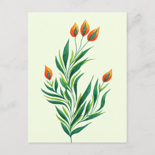 Postal Planta verde primavera con brotes Naranjas