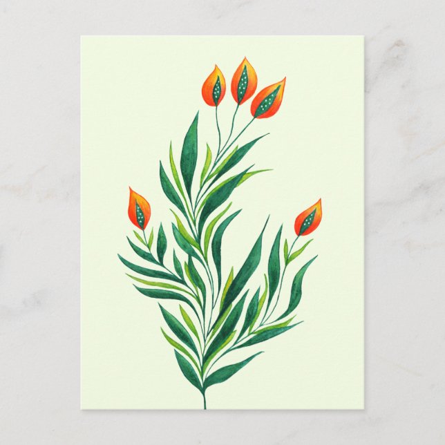 Postal Planta verde primavera con brotes Naranjas (Anverso)