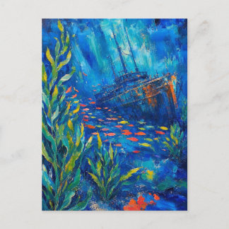 Postal plantas de océano peces barco hundido Pintura abst