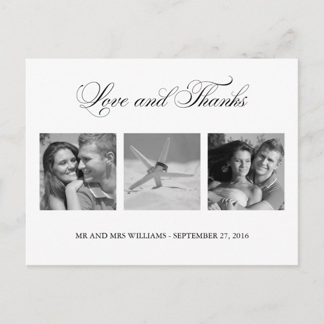 Postal Plantilla de 3 fotografías de amor y agradecimient (Anverso)